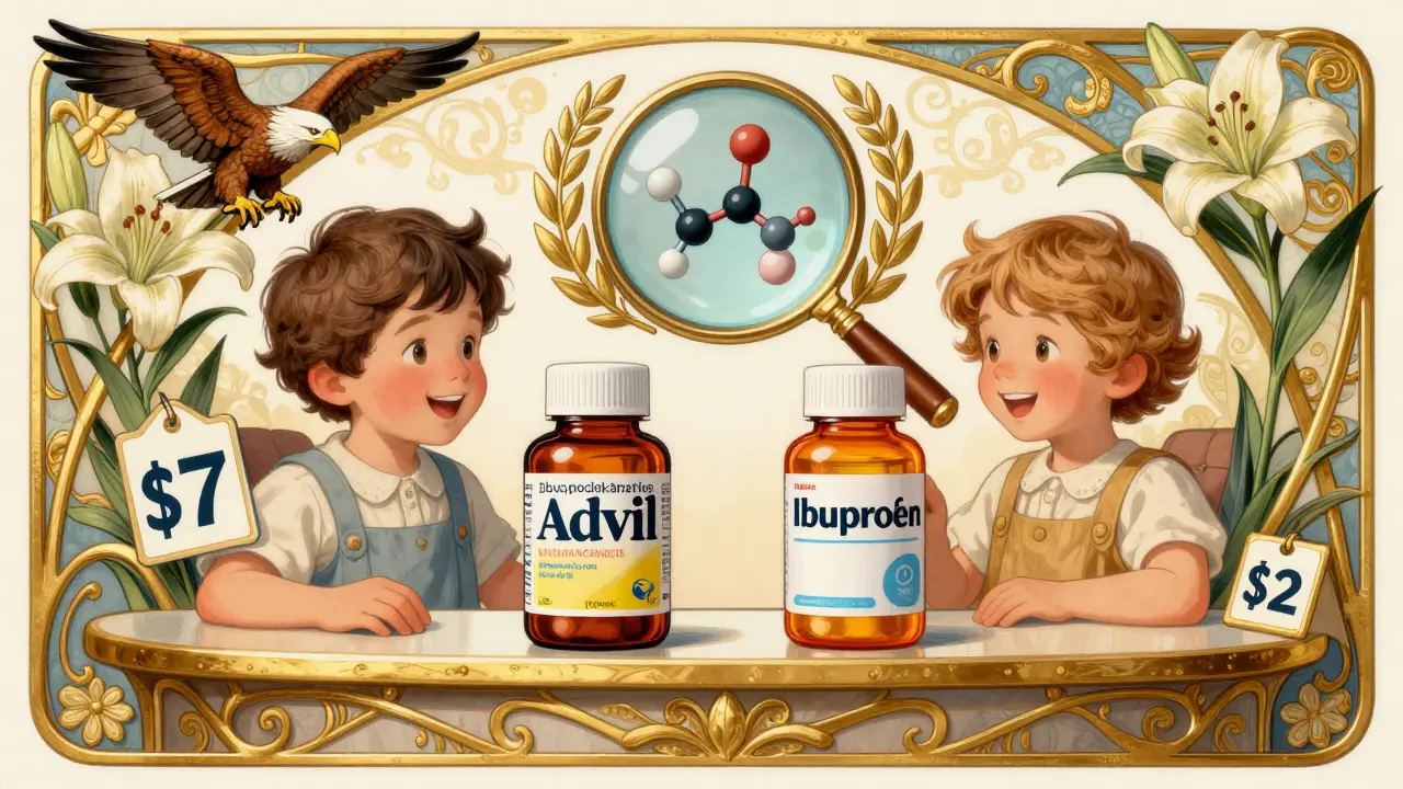 Children examining brand and generic ibuprofen bottles at a pharmacy counter, with golden filigree and an FDA eagle above, highlighting same medicine inside.