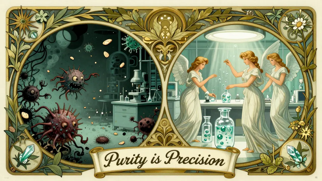 Contrasting scene: chaotic contamination vs. serene sterile environment with angelic figures guiding drug particles.