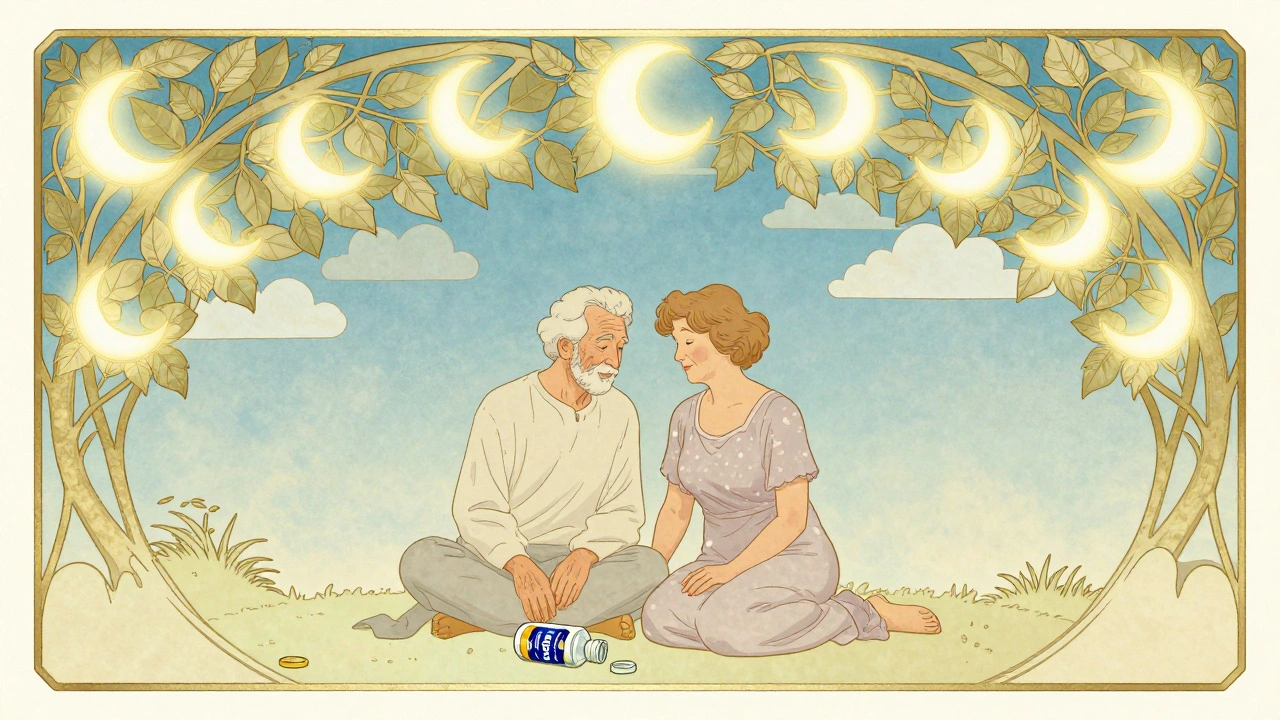 Couple practicing sleep therapy under leafy canopy, discarded pill bottle at their feet.