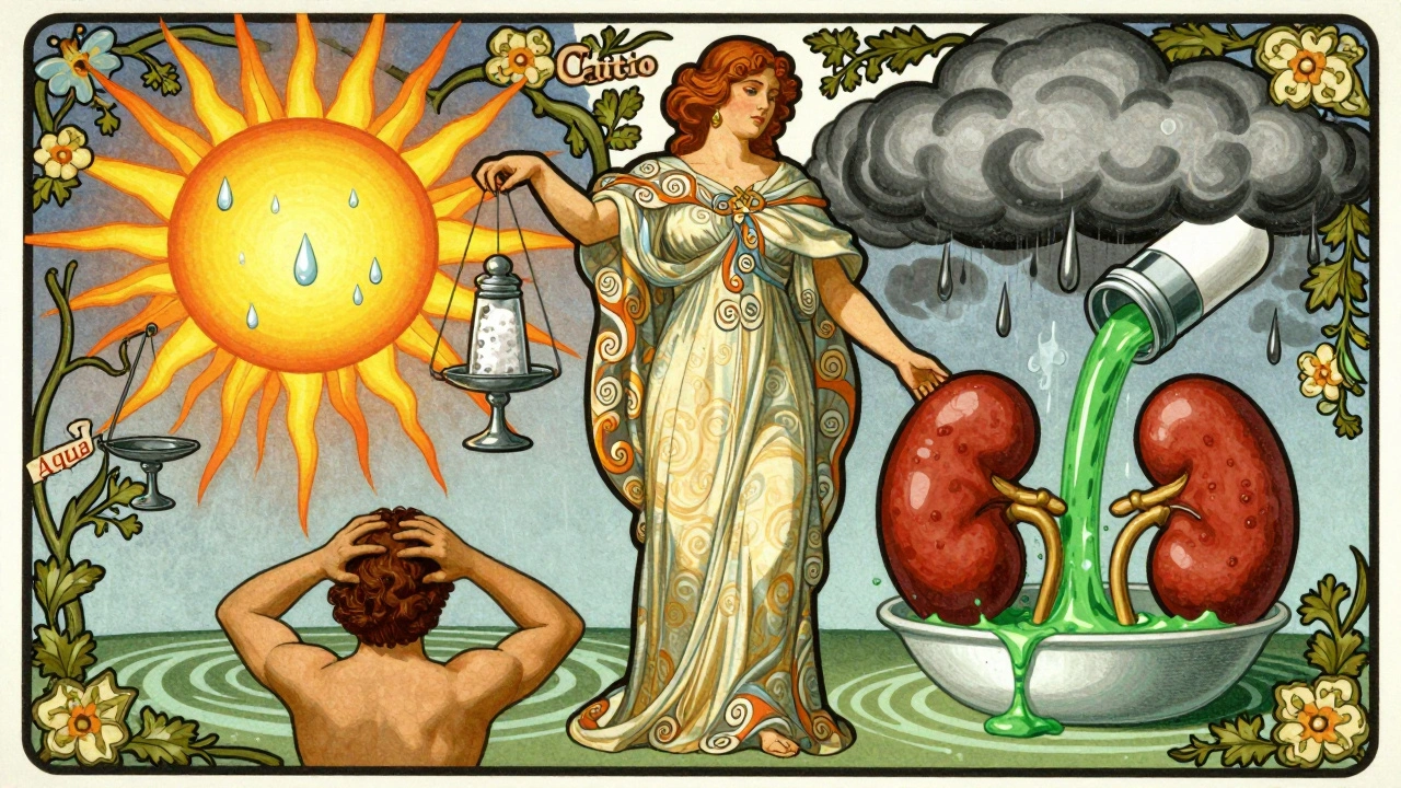 Doctor between balanced hydration and toxic pill storm, kidney basin filling with green liquid, Art Nouveau style.