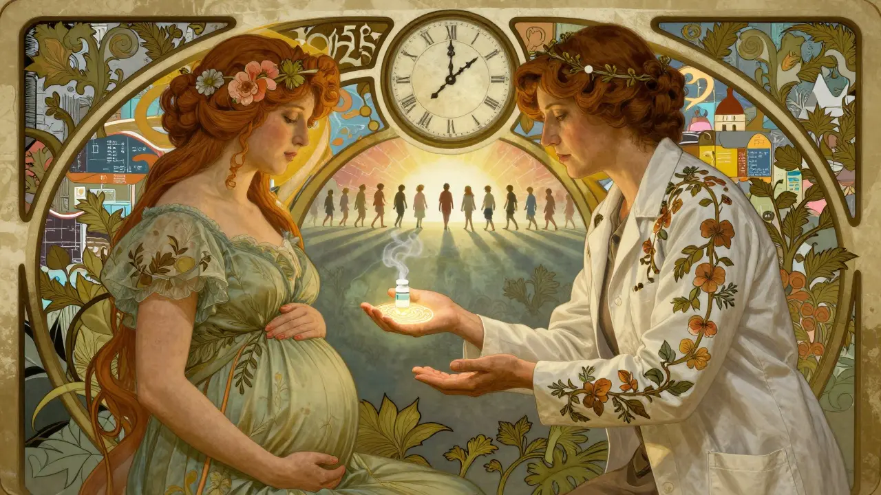 Doctor offering safe alternatives to gabapentin during pregnancy, with scientific clock and children heading toward light.
