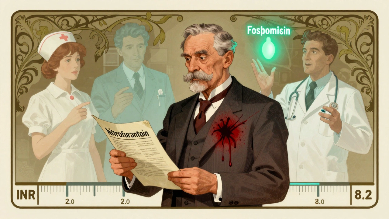 Elderly man’s shadow turns to bruise as safer antibiotics glow beside him in vintage medical poster style.