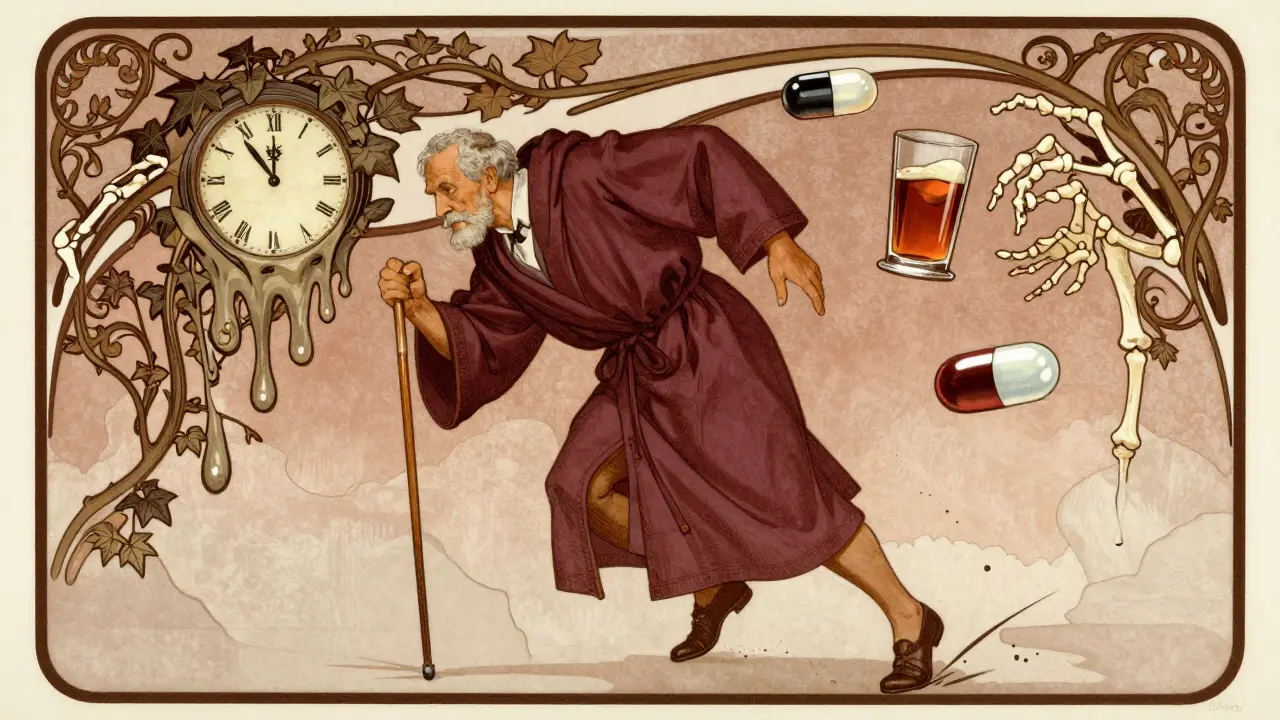 Elderly man stumbling on a slippery floor as sedative pills float above him like spirits, with melting clock and ivy in background.