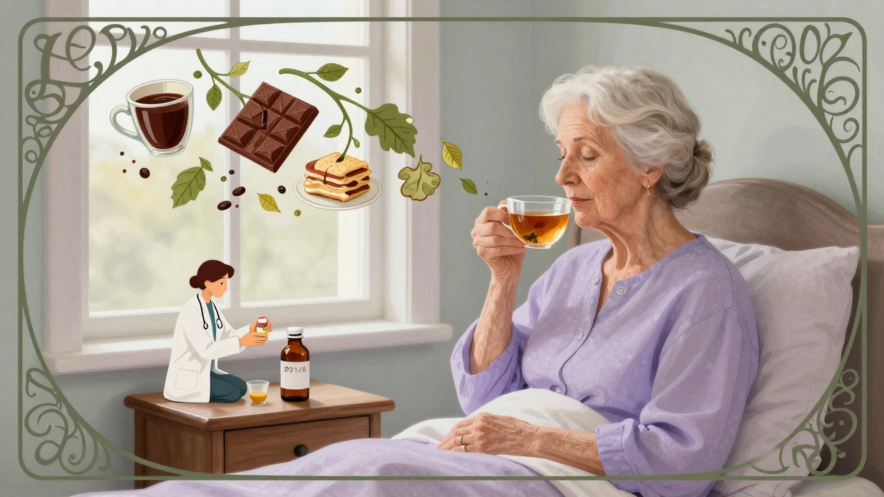 Elderly woman enjoying tea beside a raised bed, with dissolving trigger foods and a doctor removing a pill bottle.