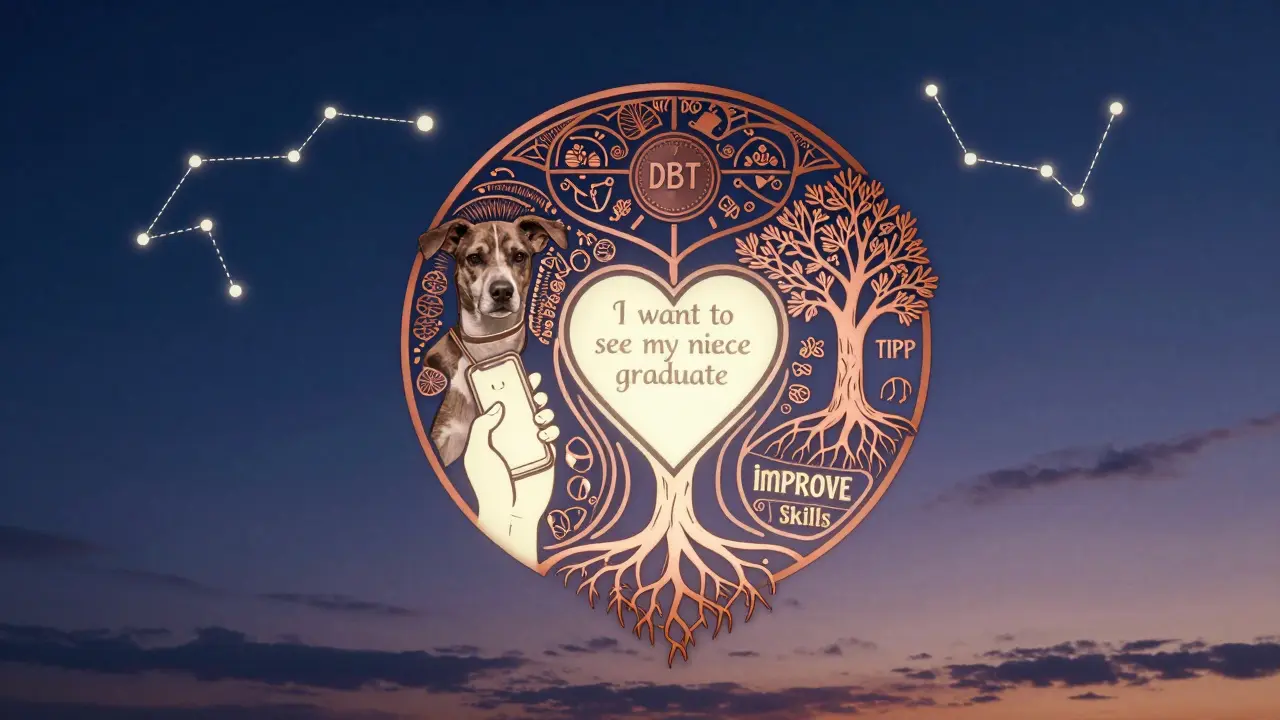 Floating crisis plan with dog portrait, phone, and reasons to live, surrounded by DBT skill symbols in Art Nouveau style.