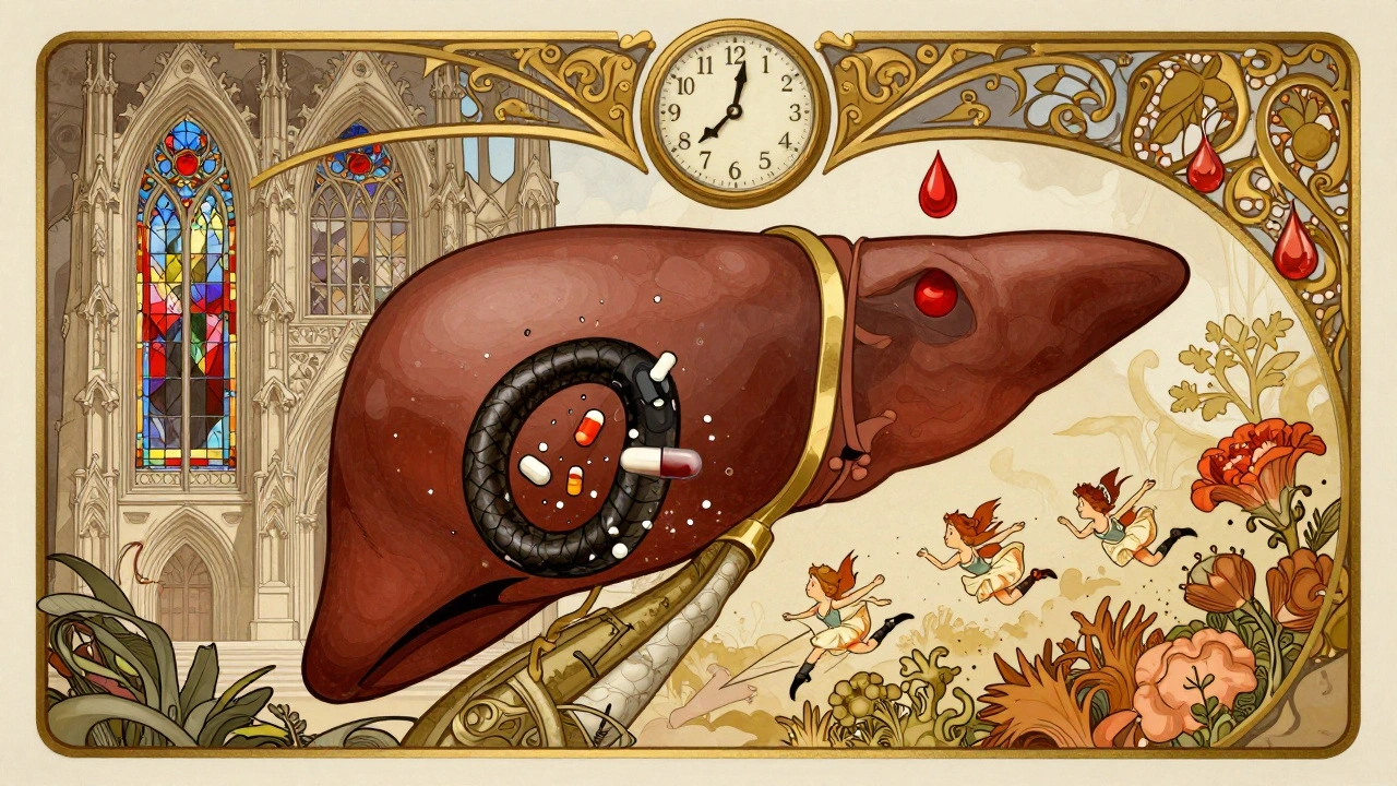 Human liver as cathedral with enzymes breaking under antibiotic serpent, vitamin K fairies fleeing.