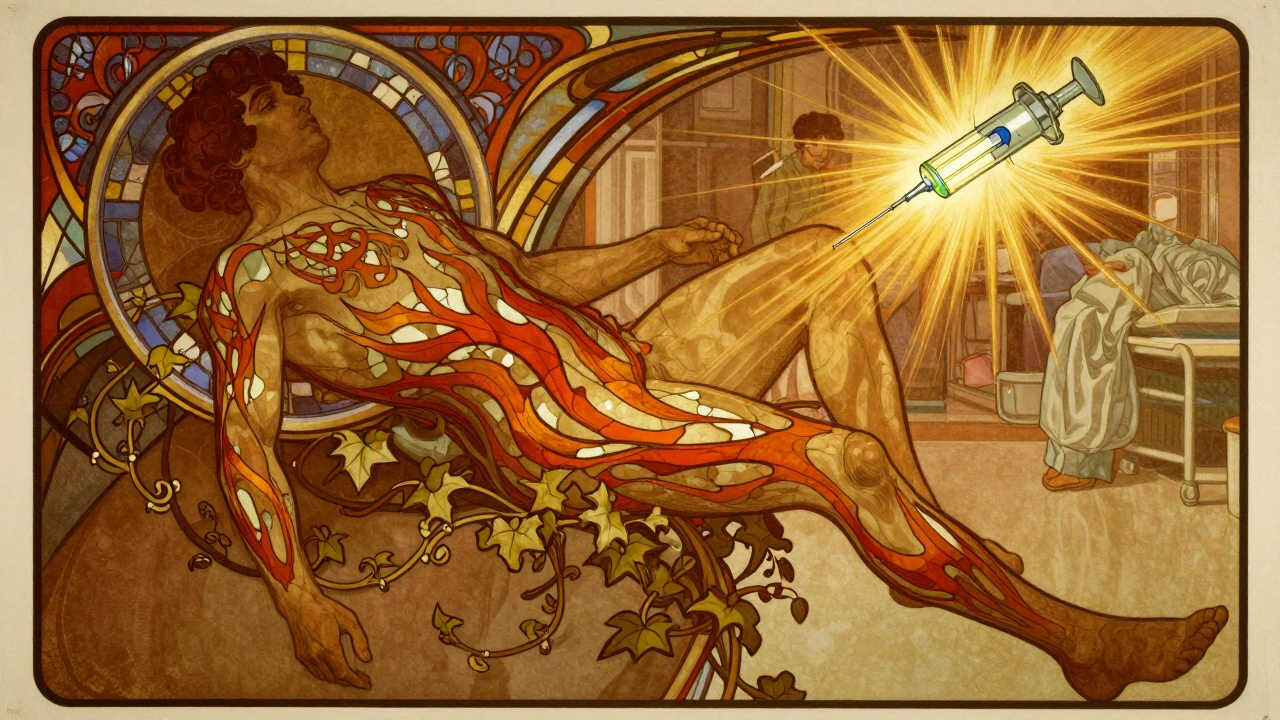 Man collapsing as skin peels in stained-glass patterns, with epinephrine injector glowing above his thigh.