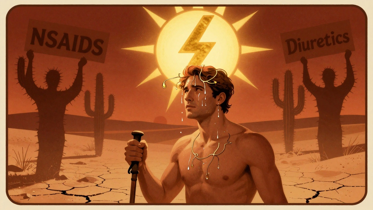 Man in desert with lithium symbol above his head, water droplets evaporating, NSAIDs and diuretics as cactus spines.
