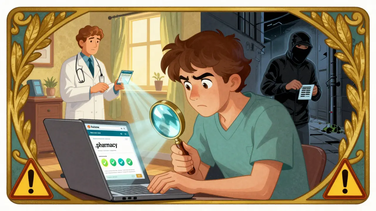 Patient verifying a secure pharmacy site, with safe and dangerous outcomes shown in contrasting scenes.