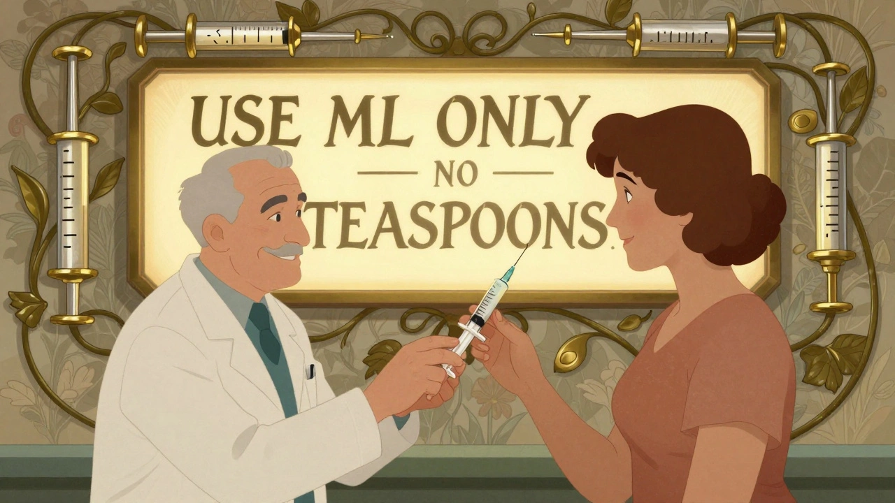 Pharmacist handing a syringe to a parent, with &#039;USE ML ONLY&#039; sign and floral design in background.