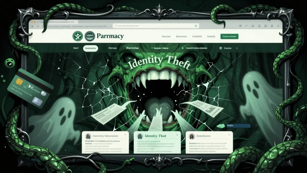 Sinister online pharmacy with fake seals draining personal data, illustrated in dark Art Nouveau style.