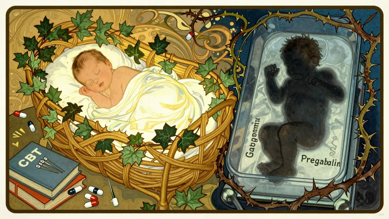 Split illustration: healthy baby with safe alternatives on one side, NICU infant with drug symbols on the other.