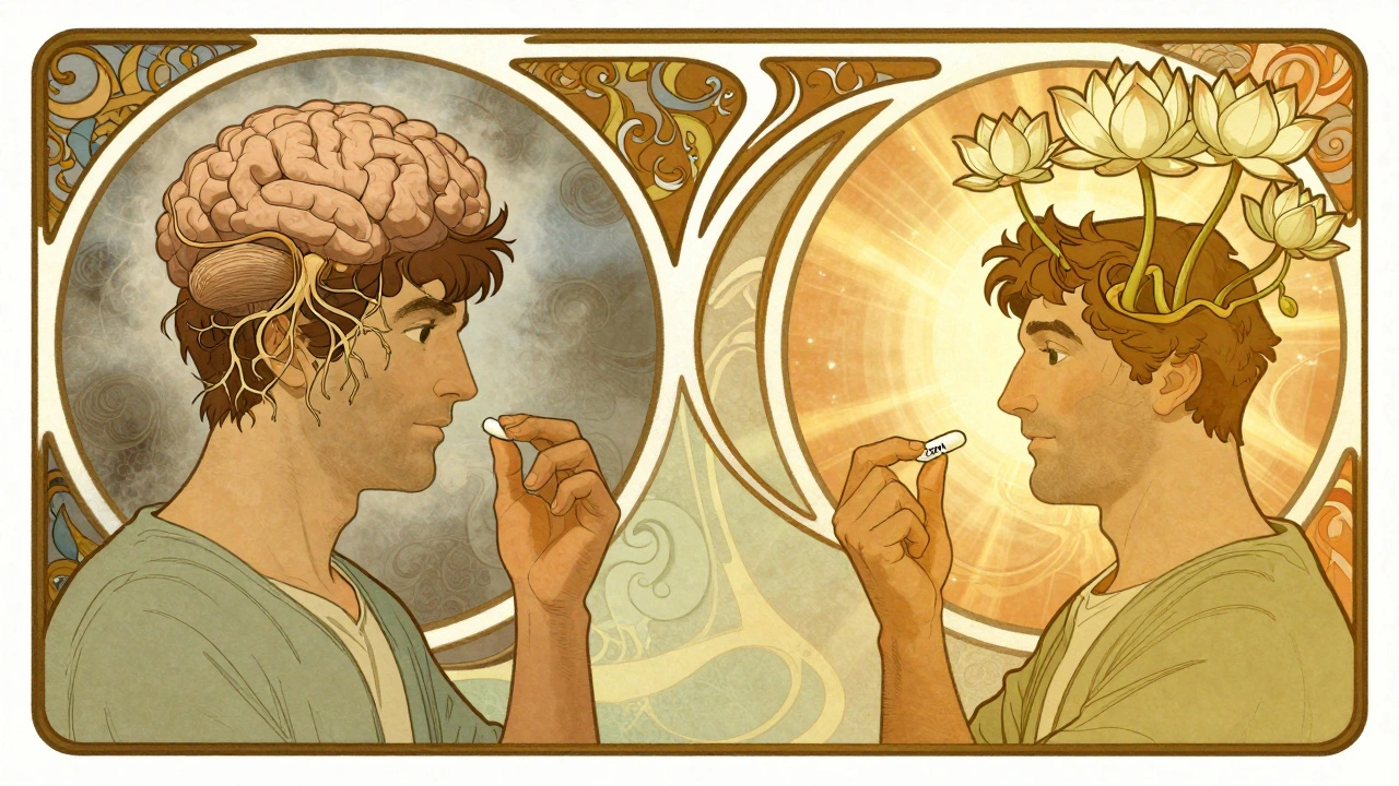 Split image: dark brain roots vs. blooming lotus flowers representing antihistamine choices.