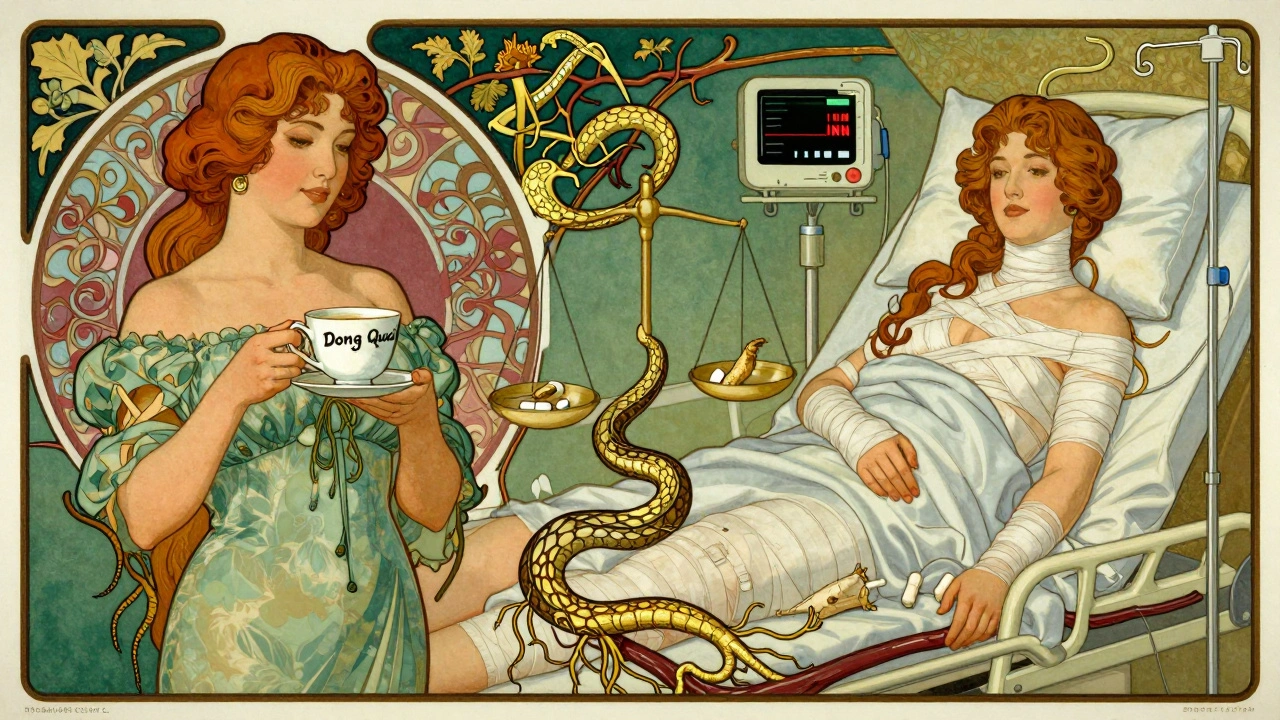 Split image: healthy woman vs. hospitalized patient, connected by a serpent of herbs and blood.