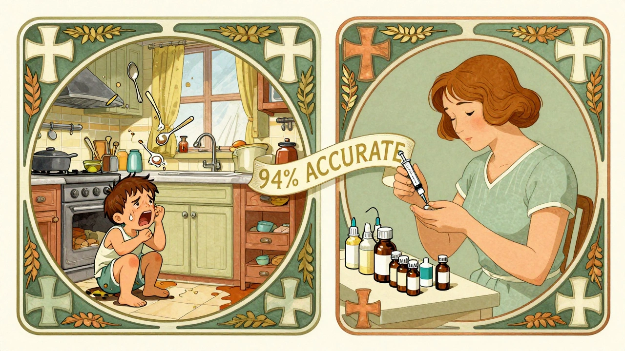 Split scene: chaotic kitchen vs. calm medication administration, connected by &#039;94% ACCURATE&#039; text.