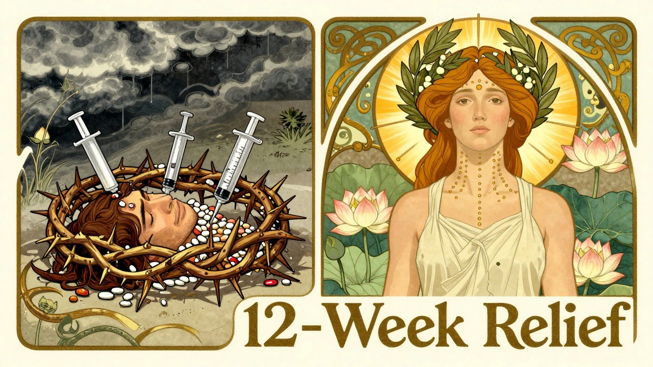 Split scene: person crushed by pills vs. same person crowned with light, marked by injection dots and blooming lotus flowers.