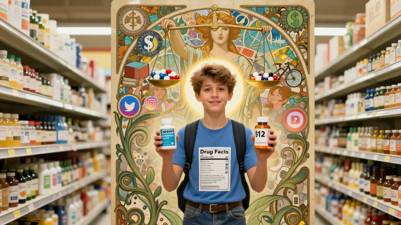 Teenager choosing a generic allergy pill in a supermarket, with swirling vines and a symbolic figure of Truth holding balanced pills.