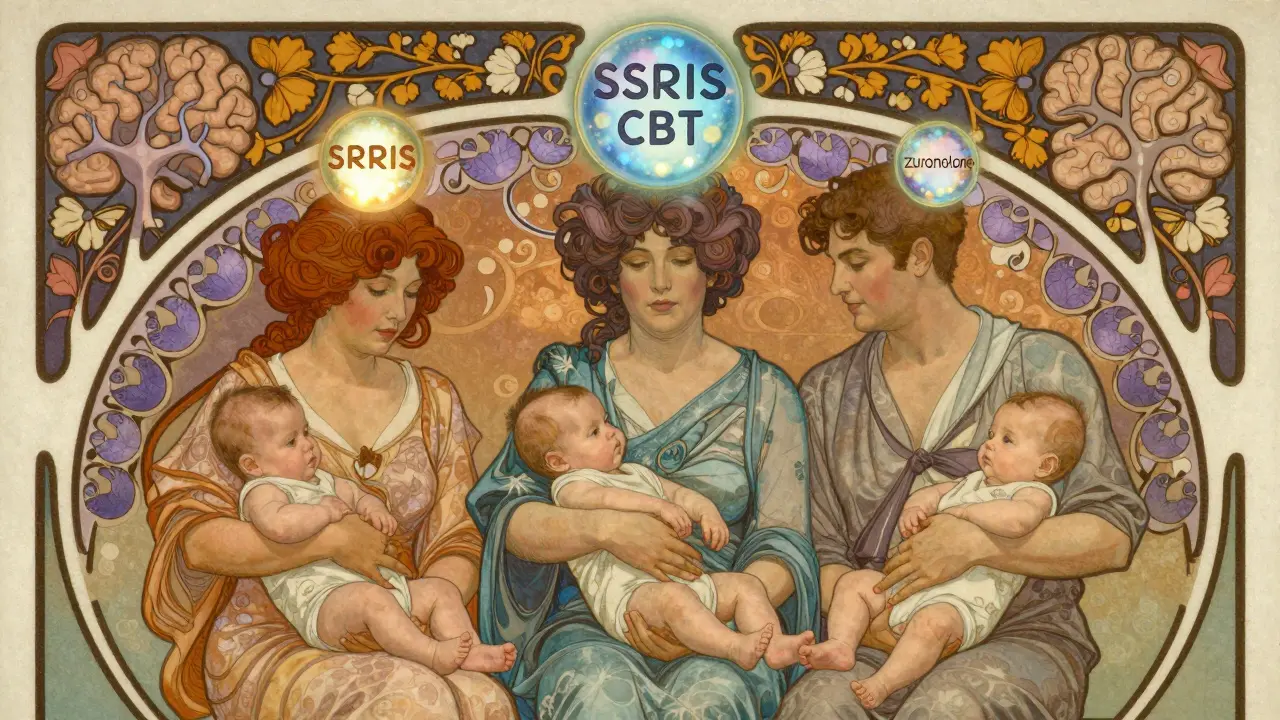 Three diverse new parents supported by glowing treatment symbols amidst floral brain synapses in Art Nouveau illustration.