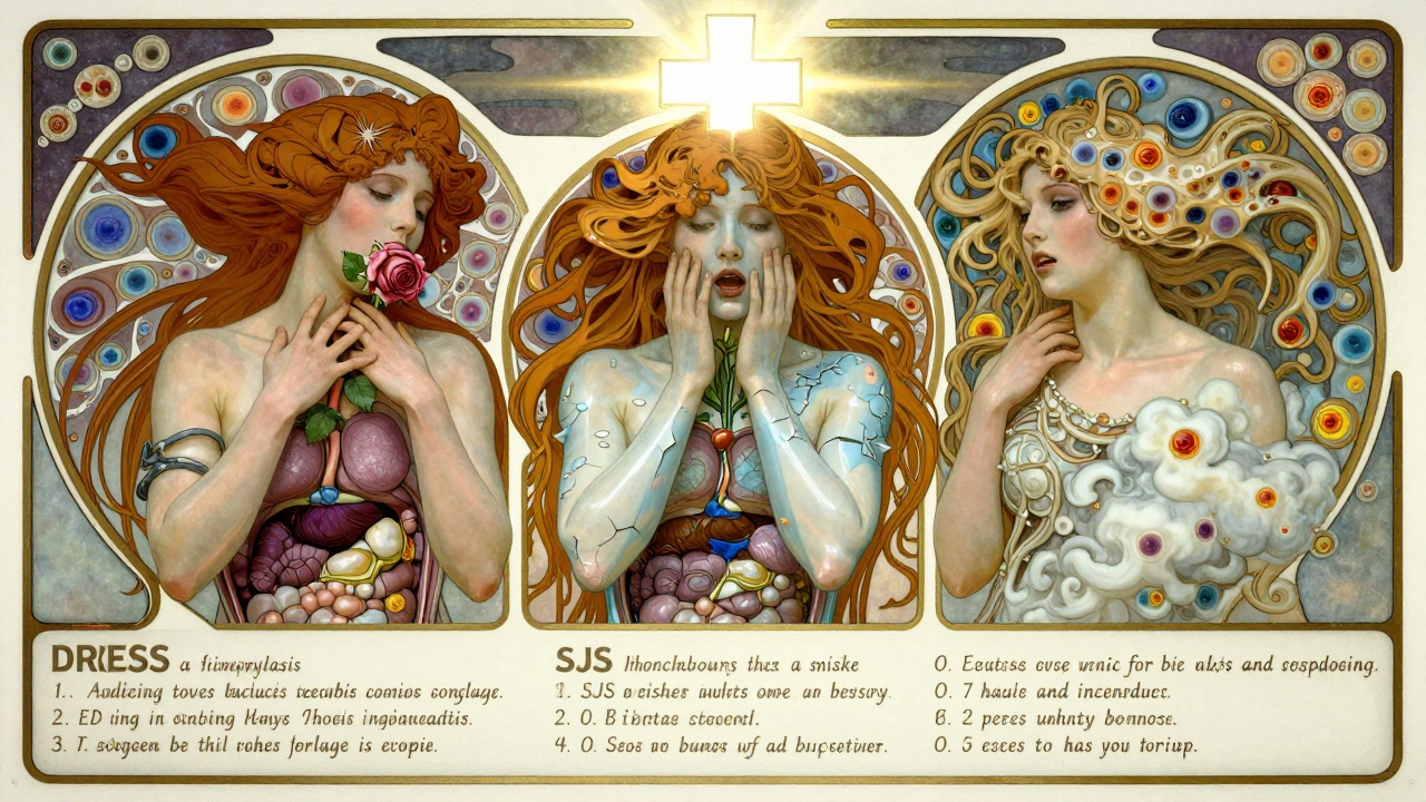 Three women symbolizing drug reactions, each with translucent skin revealing internal distress, framed by medical symbols.