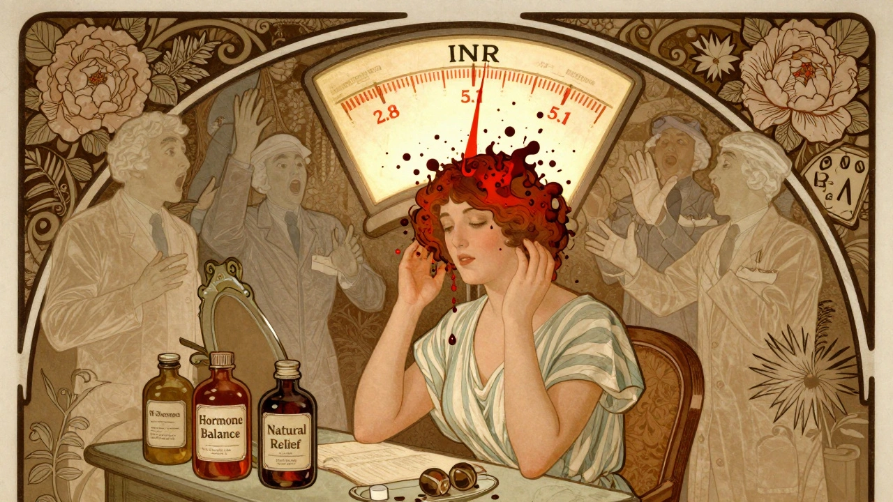 Woman at vanity with INR meter spiking to dangerous levels, surrounded by herbal jars.