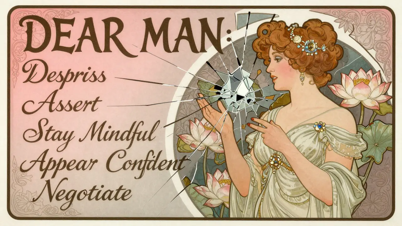 Woman speaking with confidence, her words forming the DEAR MAN acronym as lotus flowers mend broken glass.