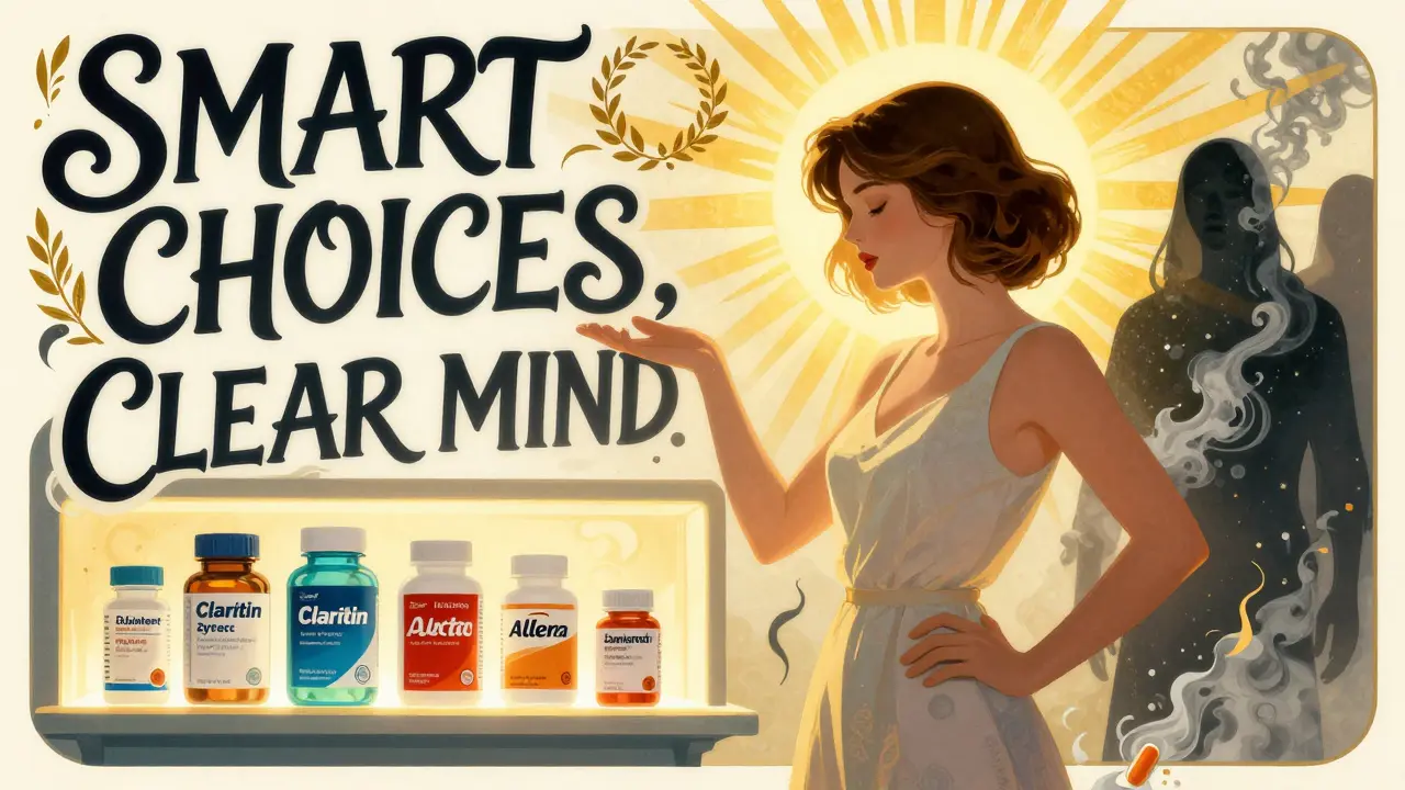 Woman standing beside safe non-drowsy allergy meds as outdated sedatives fade to ash, bathed in golden light and laurel wreaths.