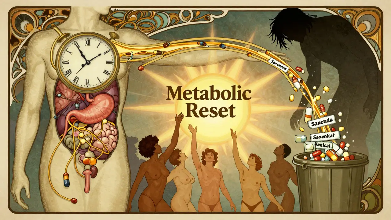 A clock-torso with golden molecules weaving through organs, people reaching toward metabolic reset under vintage poster style.