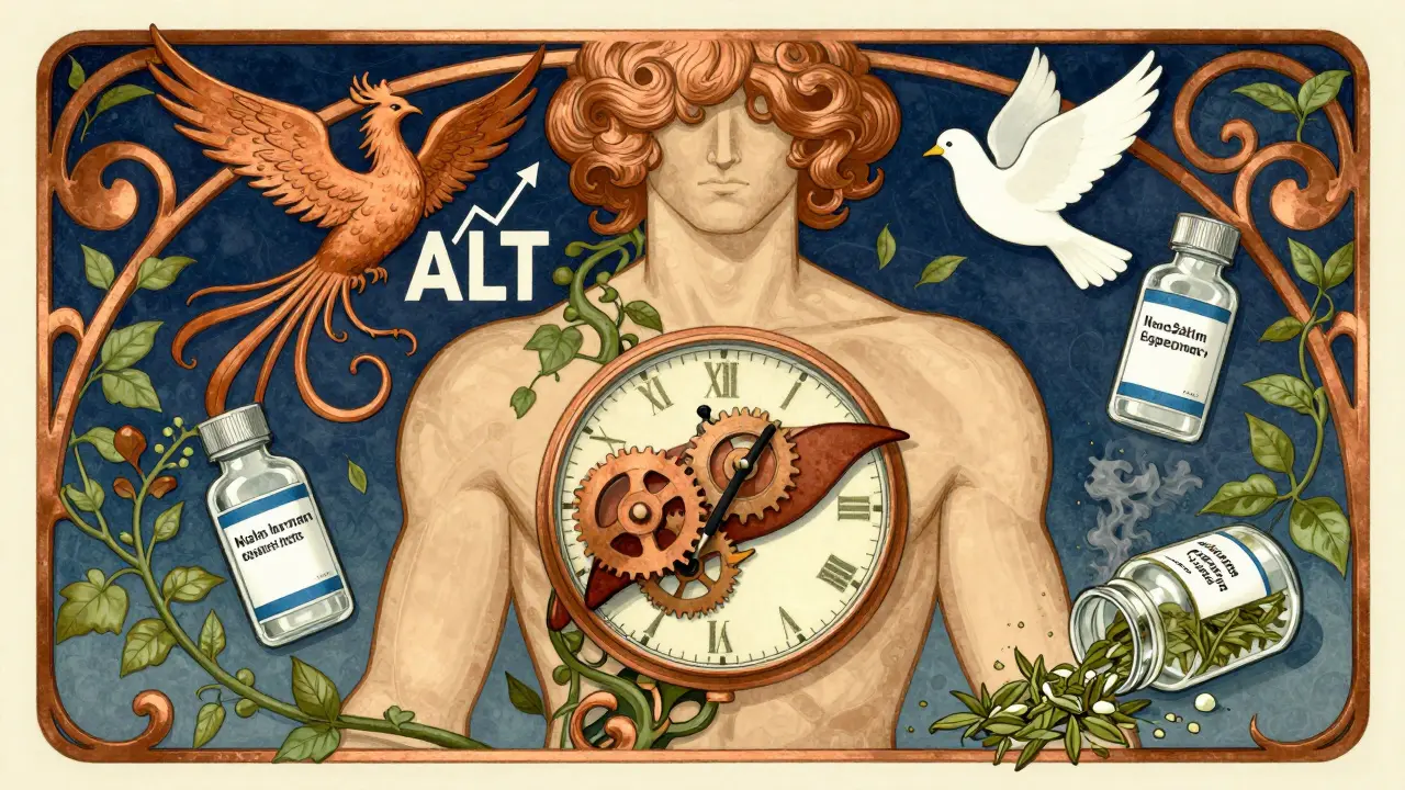 A clock with liver gears ticks inside a torso, surrounded by medical icons and falling supplements.
