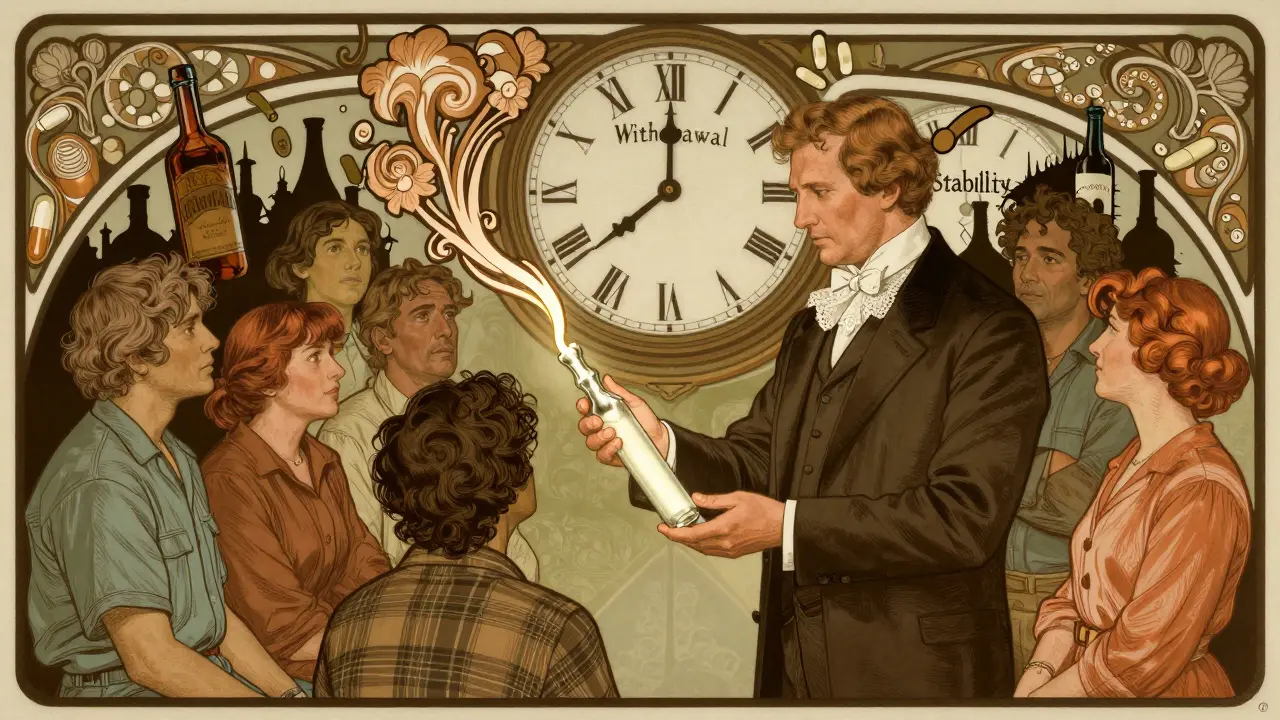 A doctor offers a buprenorphine vial while floral patterns block dangerous substances, symbolizing safe recovery.