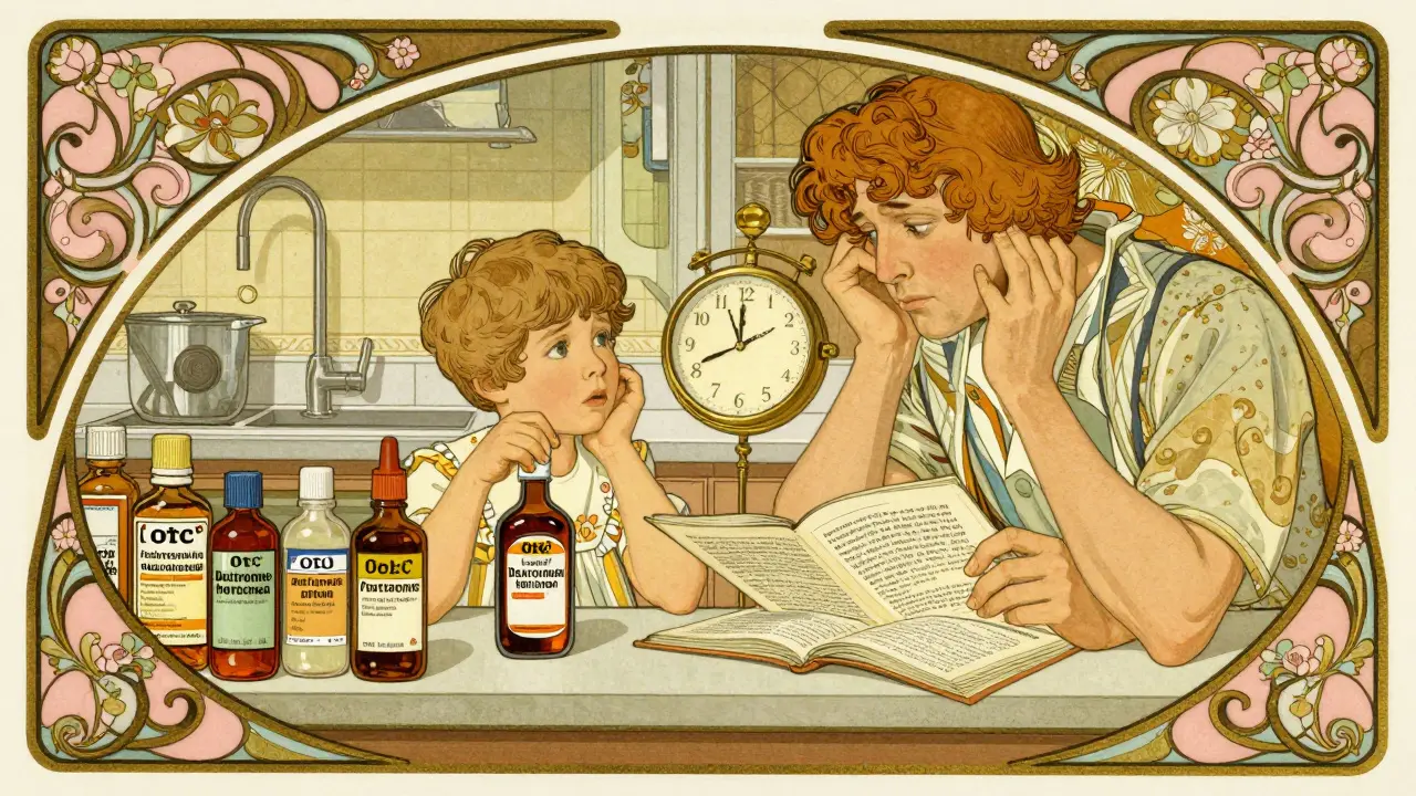 A family surrounded by cold medicine bottles in a decorative kitchen, one child holding a cough syrup.