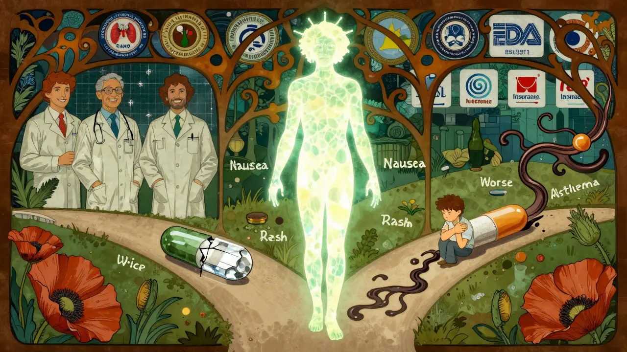 A figure at a crossroads, one path glowing with health, the other dark with symptoms, surrounded by medical and corporate symbols.