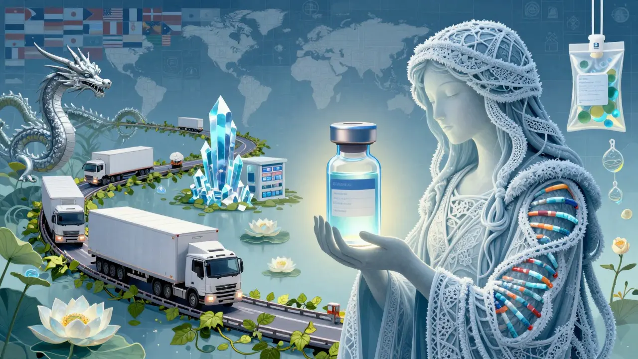 A fragile biosimilar vial carried through a cold chain of dragons and lotus flowers, symbolizing global distribution challenges.