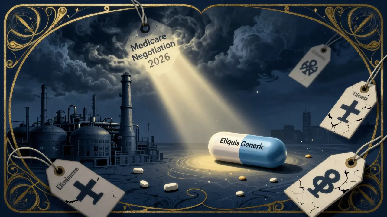 A lone generic drug factory under stormy skies lit by a beam labeled 'Medicare Negotiation 2026'.
