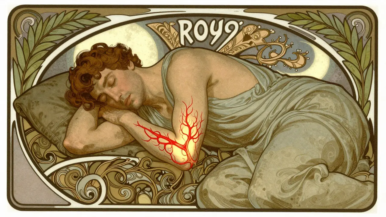 A man sleeping with bent arm, surrounded by decorative patterns, with glowing warning veins at the elbow.