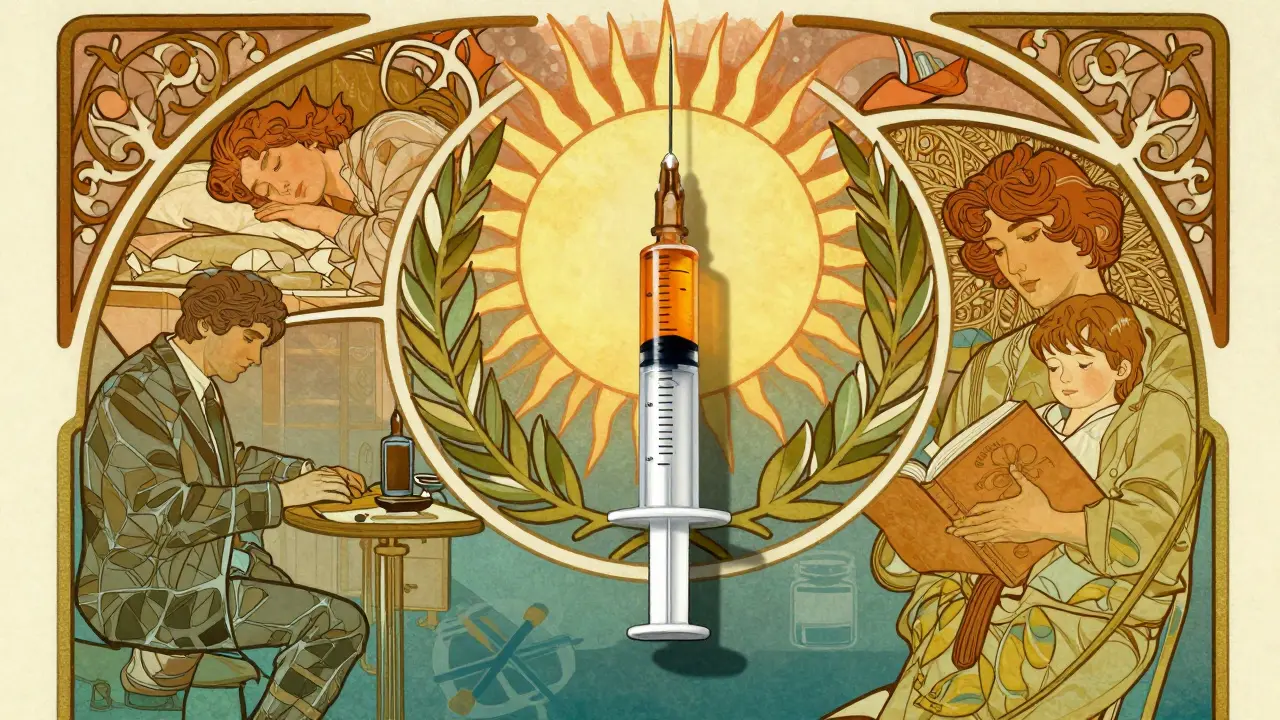 A monthly buprenorphine injection is surrounded by peaceful life scenes, with hidden warnings fading into shadow.