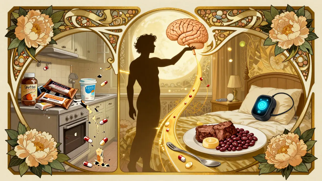 A patient's journey from chaotic protein intake to controlled evening meals, symbolized by glowing pathways and flowing vines.