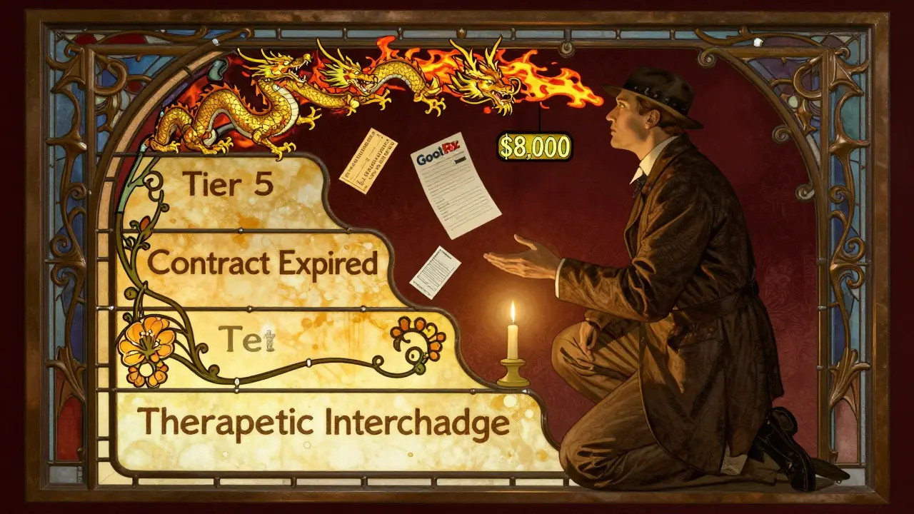 A patient before a tiered formulary chart, biosimilars as dragons, with coupons and medical notes rising.