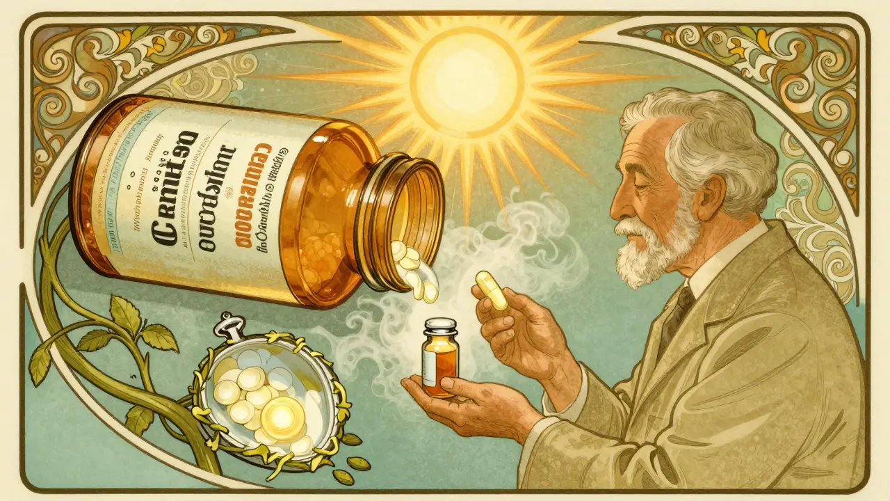 A pharmacist gives a plain pill bottle to an elderly patient as a branded bottle fades into mist.