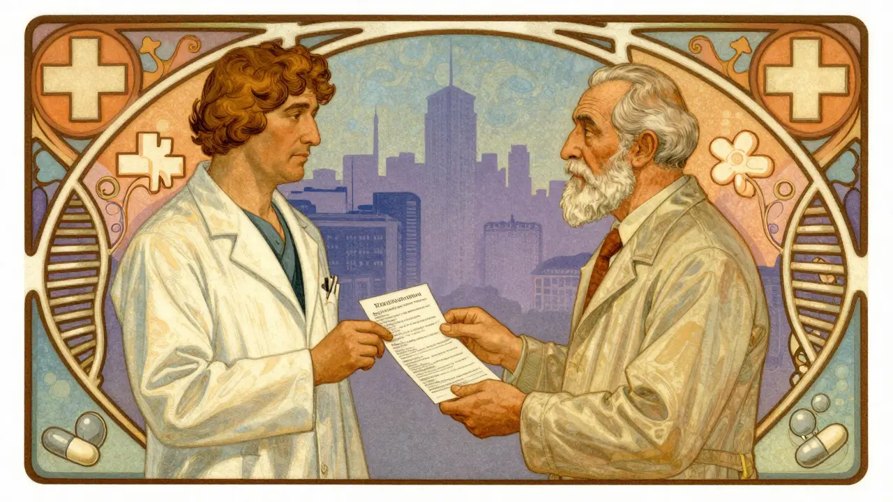 A pharmacist gives drug info to an elderly man, framed by swirling medical symbols in warm light.