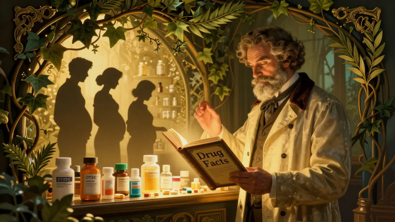 A pharmacist guiding people away from unsafe OTC meds with a glowing book of drug facts.