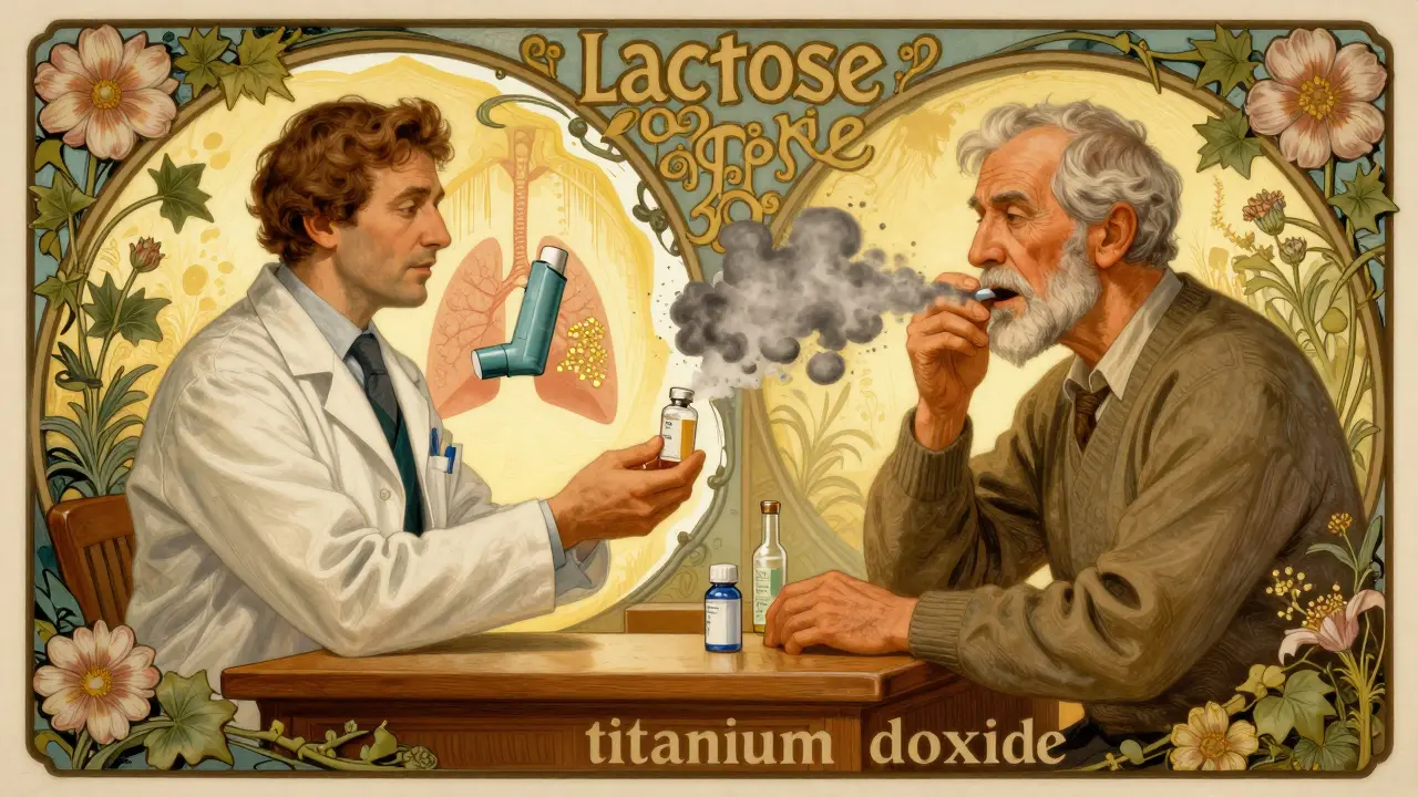 A pharmacist handing a vial to an elderly man, with a split image showing healthy vs. failing lung delivery of medication.
