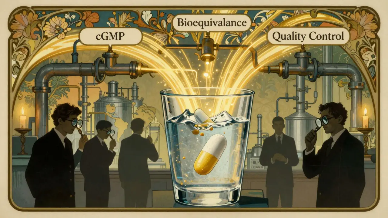 A pill dissolving in water releases energy through quality control pipes, with inspectors watching over global factories.