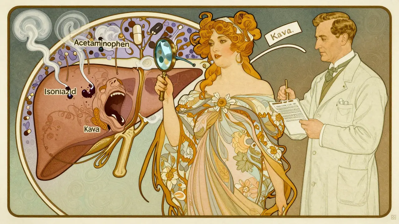 A woman examines a liver diagram with magnifying glass, pills emitting symptoms as smoke trails.