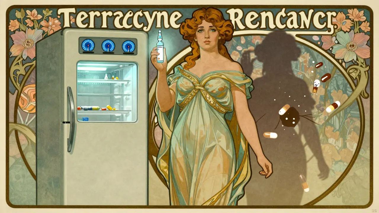 A woman holding a glowing insulin vial beside a refrigerator, with fading toxic pills behind her in Art Nouveau style.