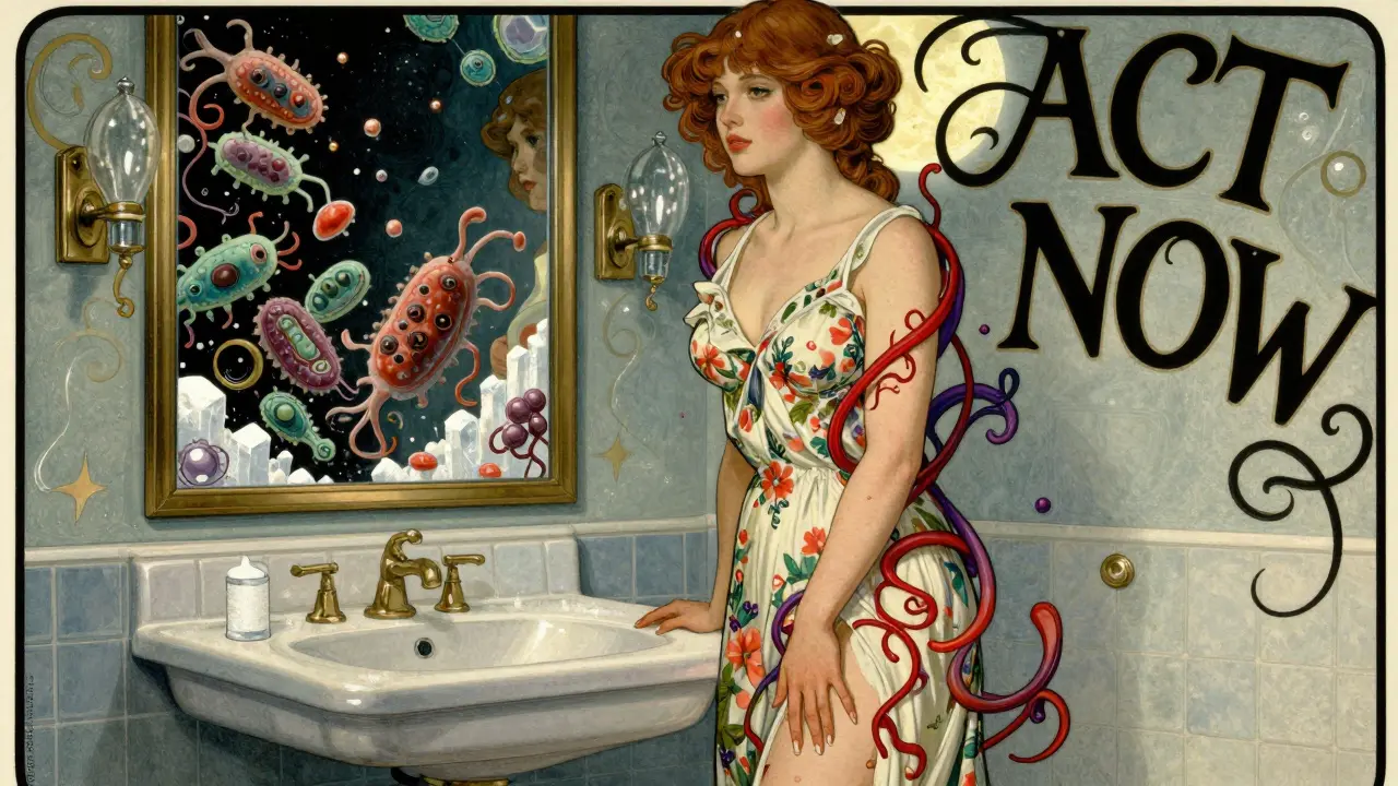 A woman noticing infection tendrils creeping up her skin under a mirror reflecting bacteria.