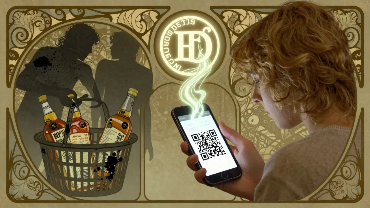 Consumer scanning QR code with glowing logo, shadowy figures offering fake medicine, Art Nouveau borders.