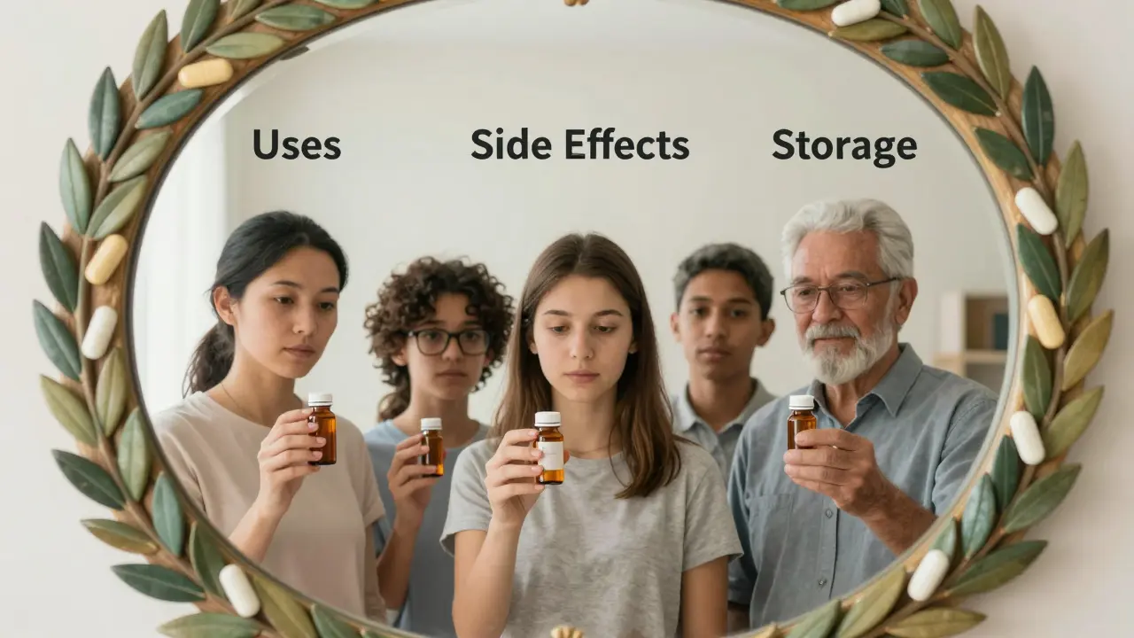 Diverse people see clear medication info in a mirror, framed by laurel leaves and stylized pills.