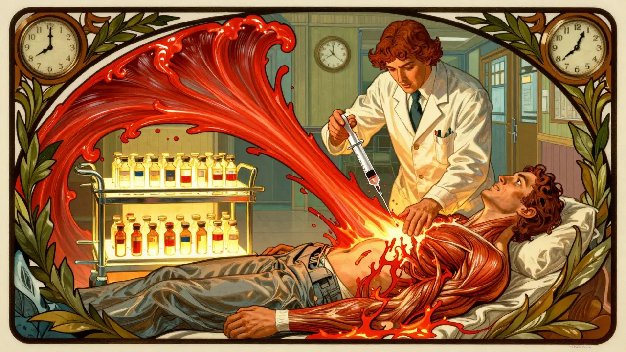 Emergency scene with dantrolene syringe neutralizing muscle chaos, framed by glowing MH cart and clocks showing critical time windows.