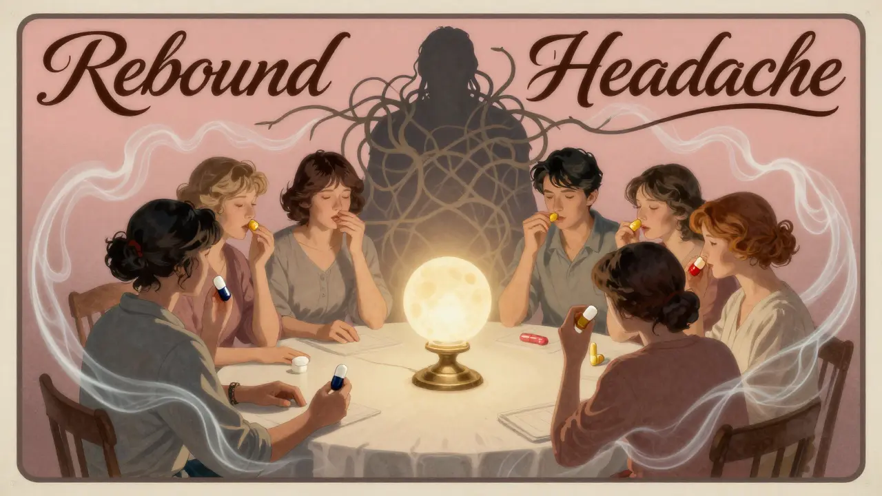 Group of patients at a table with triptan capsules as CGRP waves fade, shadow of rebound headache looms