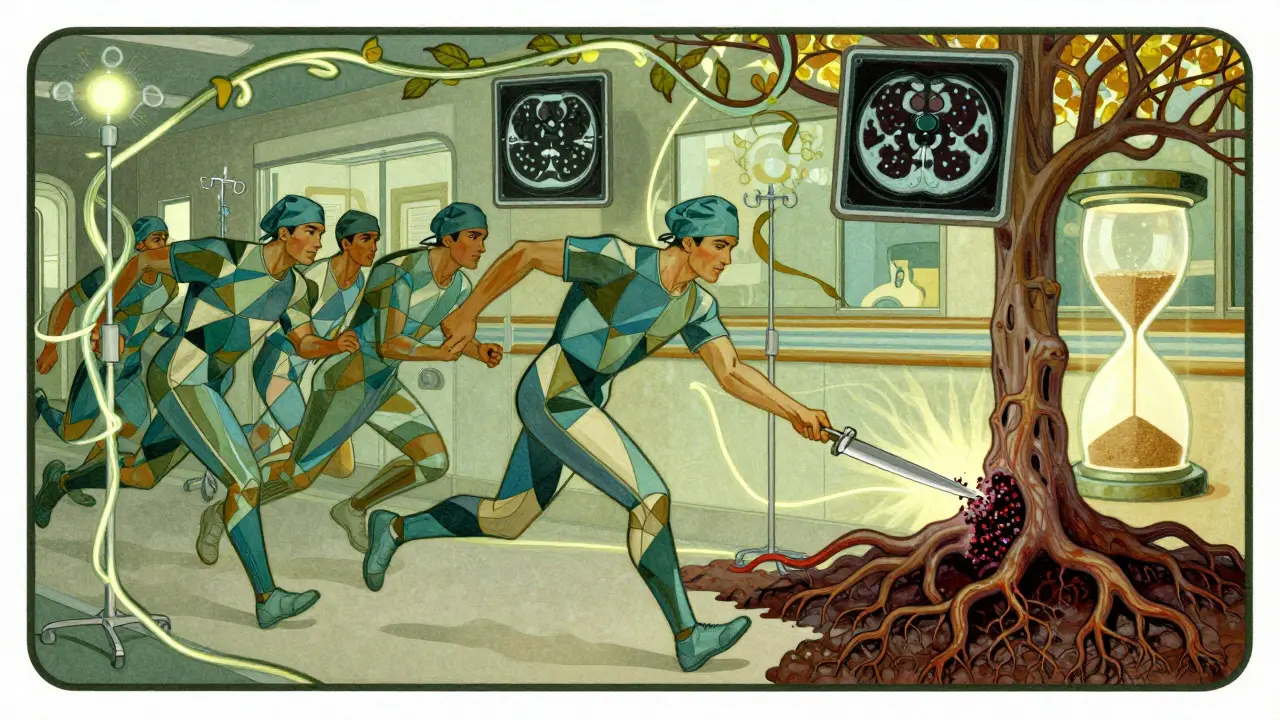 Medical team racing through a surreal corridor as a necrotic root is cut by a scalpel.